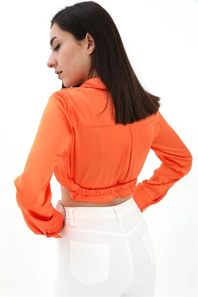 Beli Lastikli Saten Gömlek - Turuncu - Resim 5