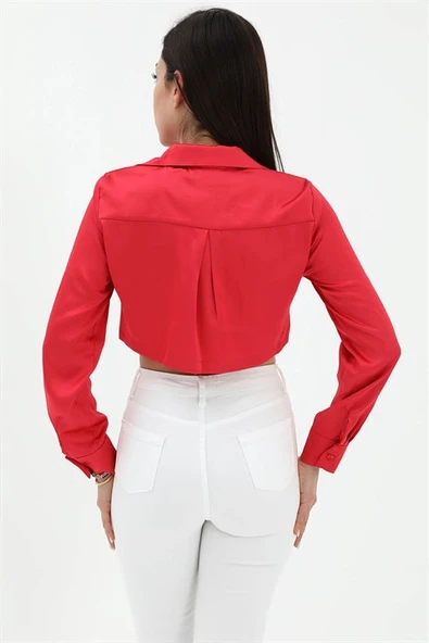 Beli Lastikli Saten Gömlek - Kırmızı - Resim 7