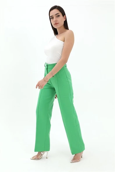 Önü Çimalı Atlas Kumaş Pantolon - Yeşil - Resim 2