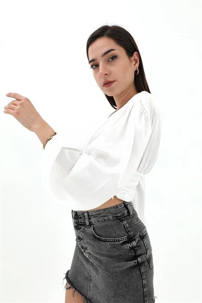 Beli Drapeli Balon Kol Bluz - Ekru - Resim 2