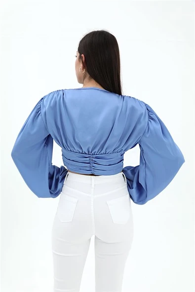 Beli Drapeli Balon Kol Bluz - Mavi - Resim 4
