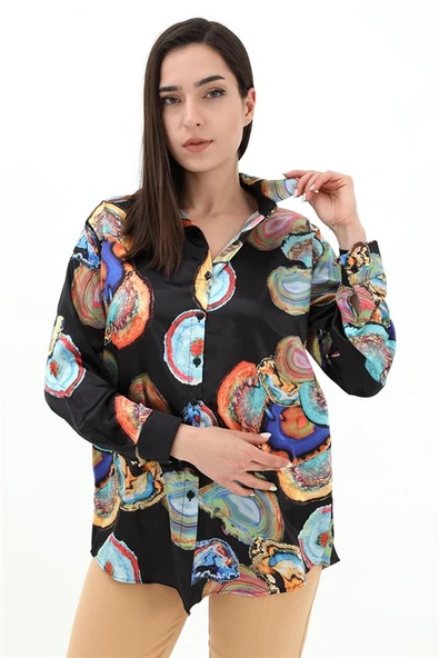 Desenli Saten Gömlek - Siyah ürün görseli 1