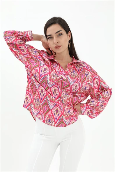 Reglan Kol Baskılı Saten Gömlek - Pembe ürün görseli 1