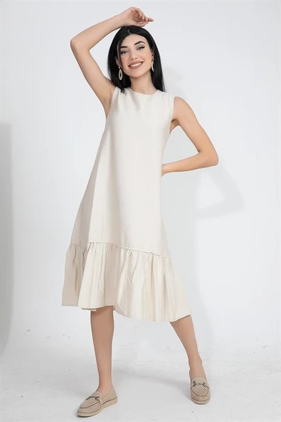 Kristal Keten Kolsuz Kadın Salaş Elbise - Taş - Resim 2