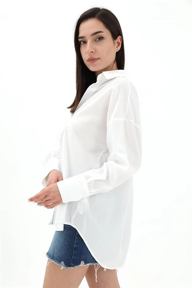 V Yaka Poplin Kumaş Gömlek - Ekru - Resim 3