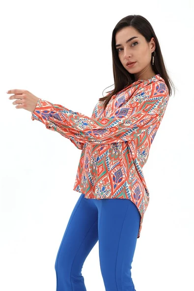 Reglan Kol Baskılı Saten Gömlek - Turuncu - Resim 3