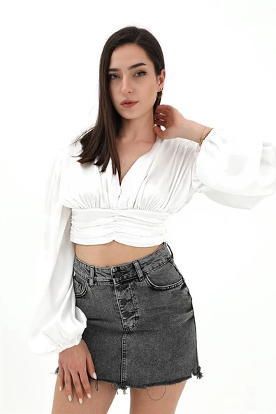 Beli Drapeli Balon Kol Bluz - Ekru ürün görseli 1