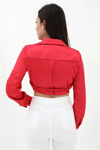 Beli Lastikli Saten Gömlek - Kırmızı - Resim 6