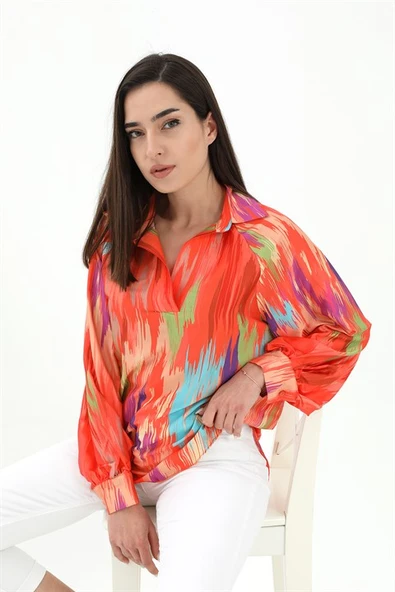 Reglan Kol Önü Kısa Arkası Uzun Fırça Baskılı Gömlek - Turuncu - Resim 2