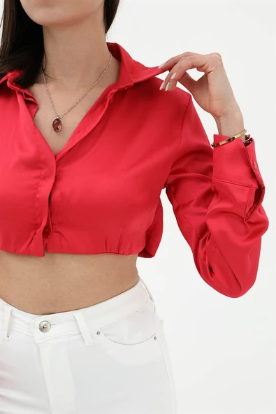 Beli Lastikli Saten Gömlek - Kırmızı - Resim 8