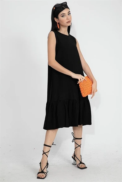 Kristal Keten Kolsuz Kadın Salaş Elbise - Siyah ürün görseli 1