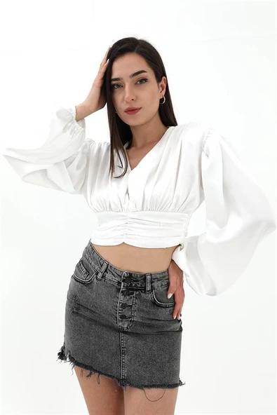 Beli Drapeli Balon Kol Bluz - Ekru - Resim 3