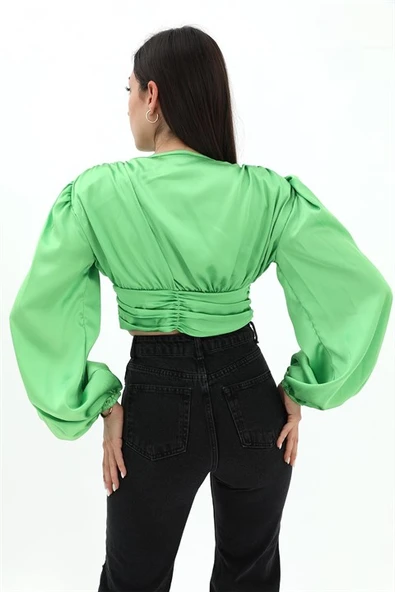 Beli Drapeli Balon Kol Bluz - Yeşil - Resim 4