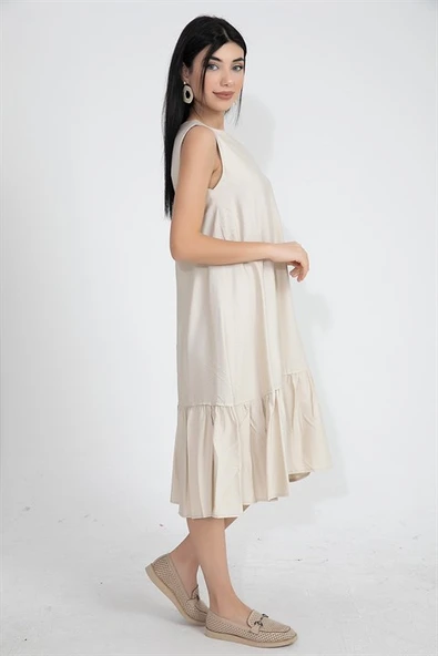 Kristal Keten Kolsuz Kadın Salaş Elbise - Taş - Resim 4