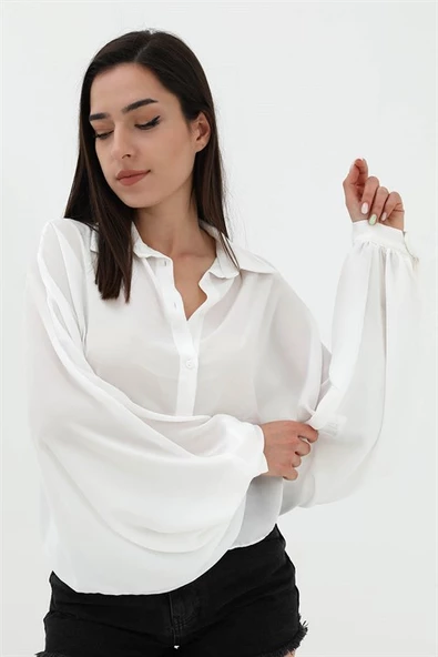 Yarasa Kol Gömlek - Ekru - Resim 3