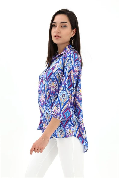 Reglan Kol Baskılı Saten Gömlek - Mavi - 3