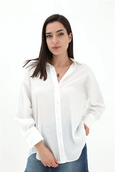 V Yaka Poplin Kumaş Gömlek - Ekru ürün görseli 1