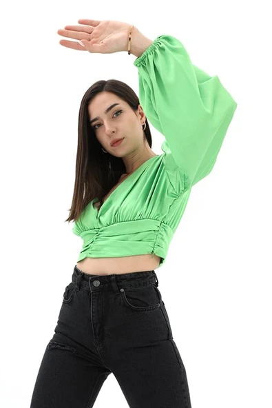 Beli Drapeli Balon Kol Bluz - Yeşil - Resim 3