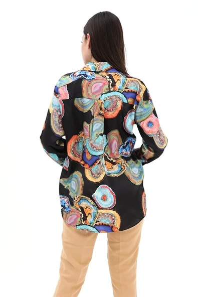 Desenli Saten Gömlek - Siyah - Resim 5