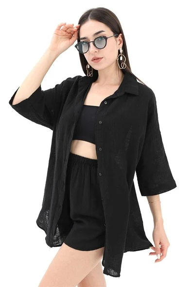 Pamuk Keten Şort Gömlek Kadın İkili Takım - Siyah - Resim 3