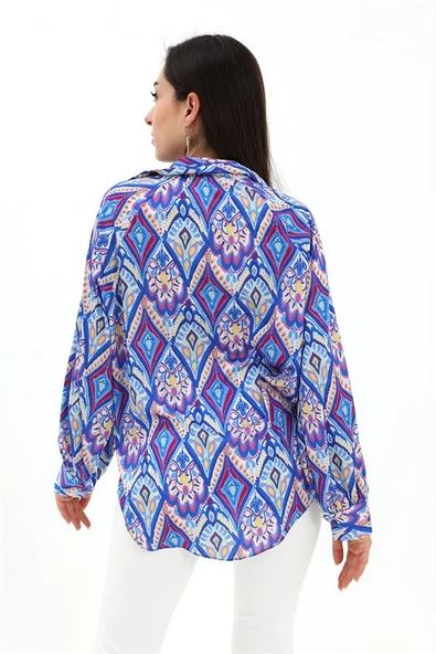 Reglan Kol Baskılı Saten Gömlek - Mavi - 4