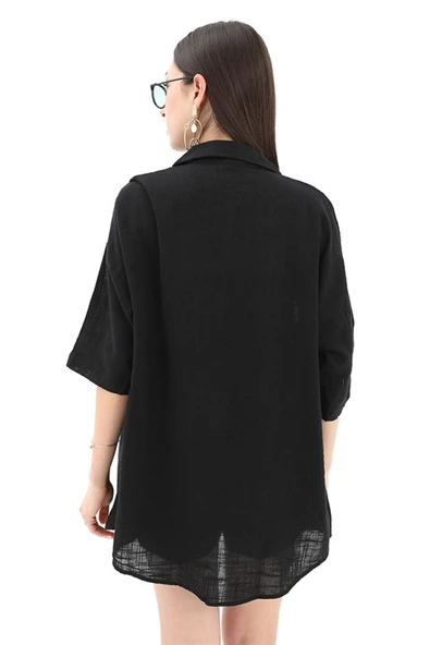 Pamuk Keten Şort Gömlek Kadın İkili Takım - Siyah - Resim 5