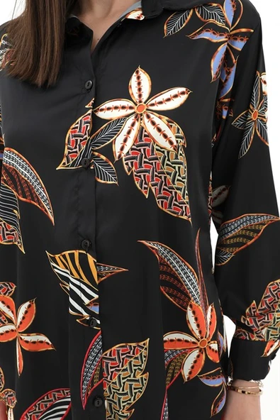 Çiçek Baskılı Saten Gömlek - Siyah - Resim 6