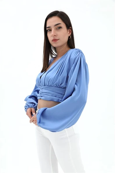 Beli Drapeli Balon Kol Bluz - Mavi - Resim 3