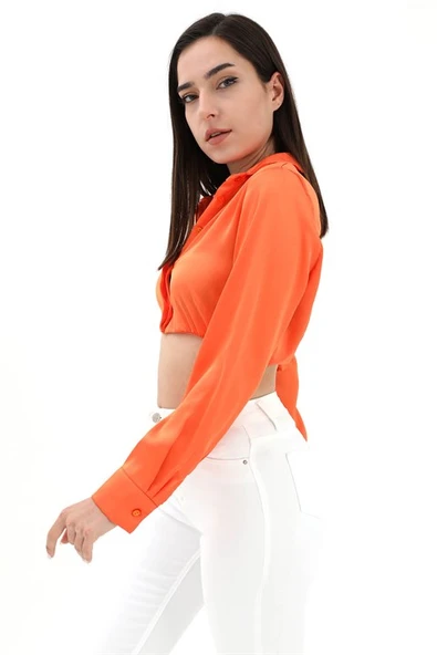 Beli Lastikli Saten Gömlek - Turuncu - Resim 3