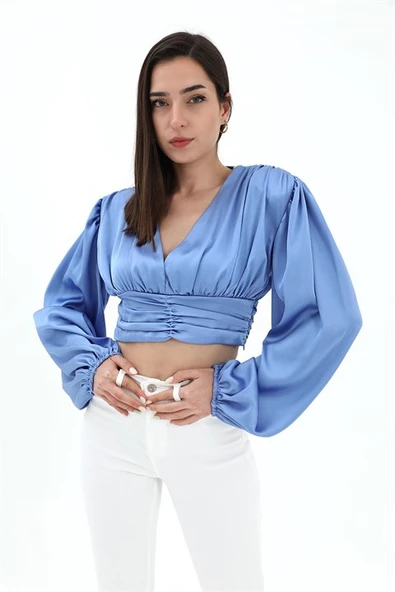 Beli Drapeli Balon Kol Bluz - Mavi - Resim 2