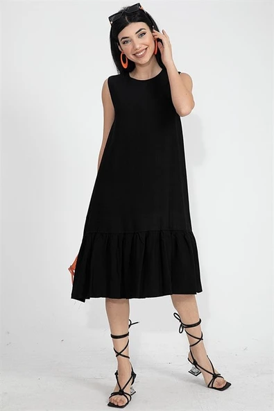 Kristal Keten Kolsuz Kadın Salaş Elbise - Siyah - Resim 2