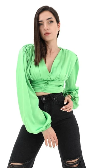 Beli Drapeli Balon Kol Bluz - Yeşil - Resim 2