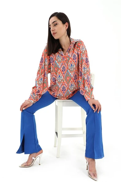 Reglan Kol Baskılı Saten Gömlek - Turuncu ürün görseli 1