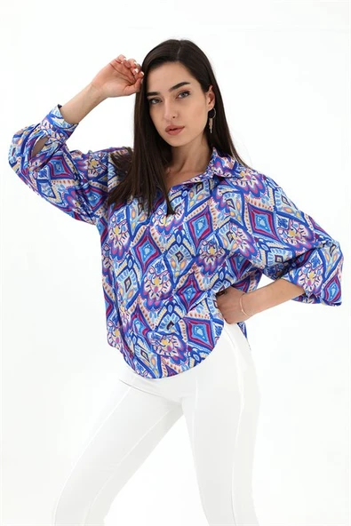 Reglan Kol Baskılı Saten Gömlek - Mavi - 2
