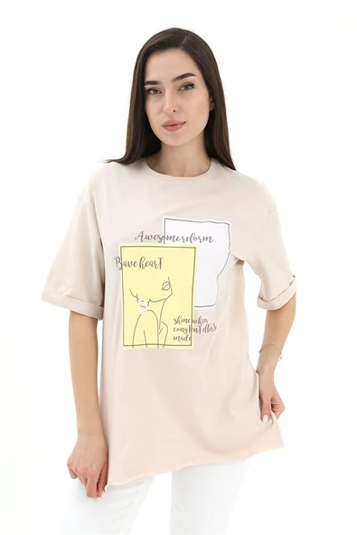 Bisiklet Yaka Yüz Basklı T-Shirt - Bej ürün görseli 1