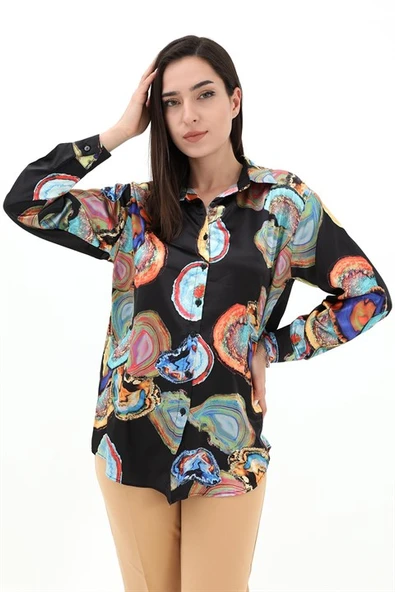 Desenli Saten Gömlek - Siyah - Resim 2