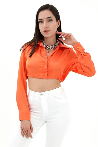 Beli Lastikli Saten Gömlek - Turuncu - Resim 2