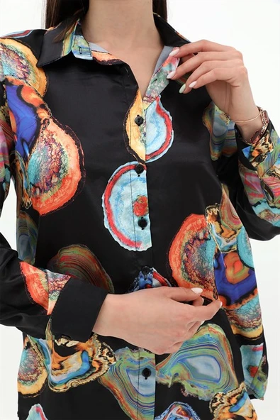 Desenli Saten Gömlek - Siyah - Resim 6