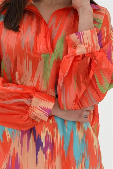 Reglan Kol Önü Kısa Arkası Uzun Fırça Baskılı Gömlek - Turuncu - Resim 5