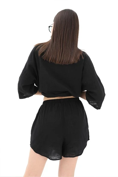 Pamuk Keten Şort Gömlek Kadın İkili Takım - Siyah - Resim 7