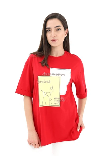 Bisiklet Yaka Yüz Basklı T-Shirt - Kırmızı ürün görseli 1