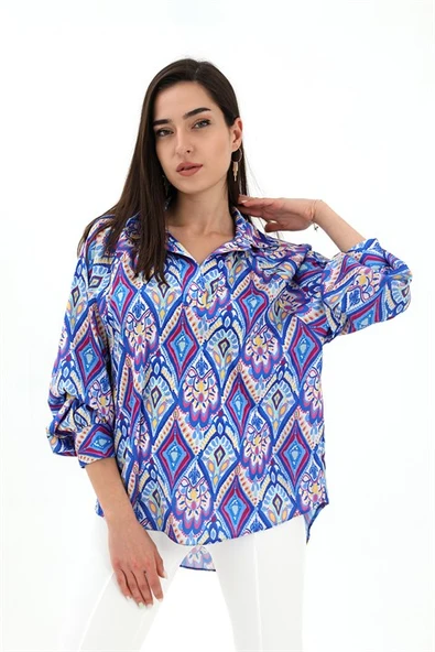 Reglan Kol Baskılı Saten Gömlek - Mavi - 1