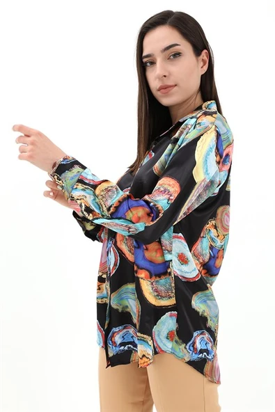 Desenli Saten Gömlek - Siyah - Resim 4