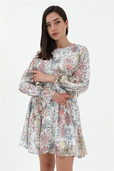 Çiçek Desenli Bel Dekolte Elbise - Beyaz ürün görseli 1