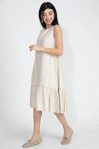 Kristal Keten Kolsuz Kadın Salaş Elbise - Taş - Resim 3