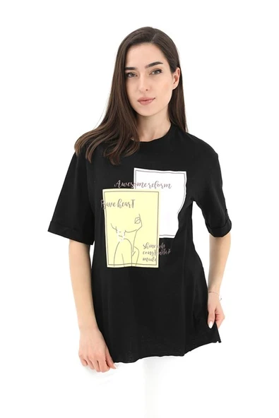 Bisiklet Yaka Yüz Basklı T-Shirt - Siyah ürün görseli 1