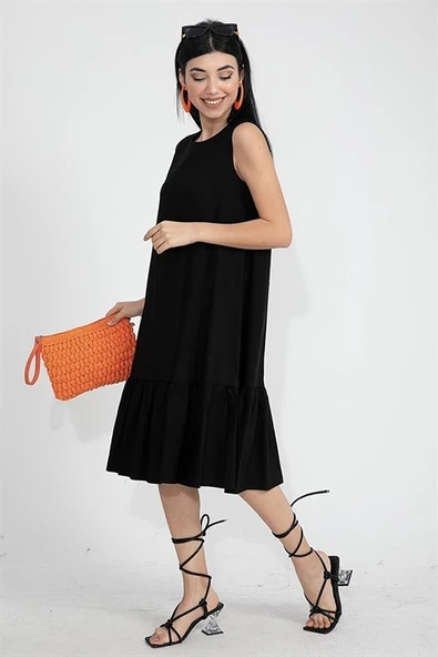 Kristal Keten Kolsuz Kadın Salaş Elbise - Siyah - Resim 3