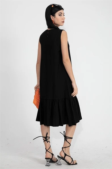 Kristal Keten Kolsuz Kadın Salaş Elbise - Siyah - Resim 6