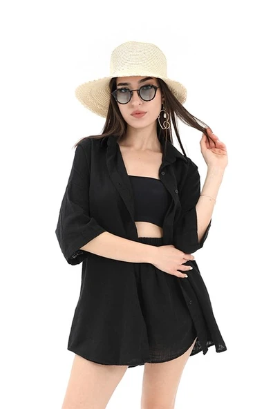 Pamuk Keten Şort Gömlek Kadın İkili Takım - Siyah ürün görseli 1