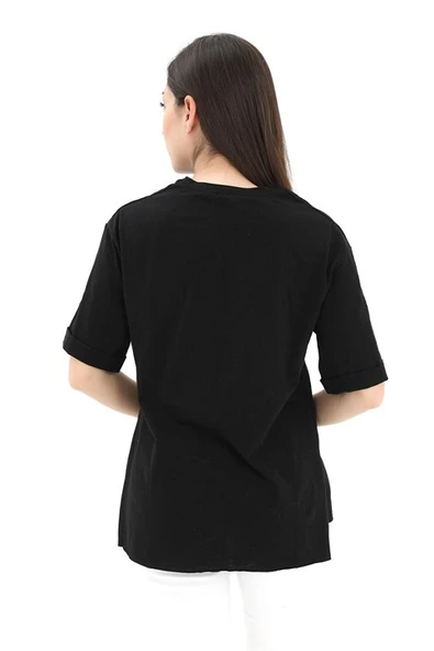 Bisiklet Yaka Yüz Basklı T-Shirt - Siyah - Resim 3